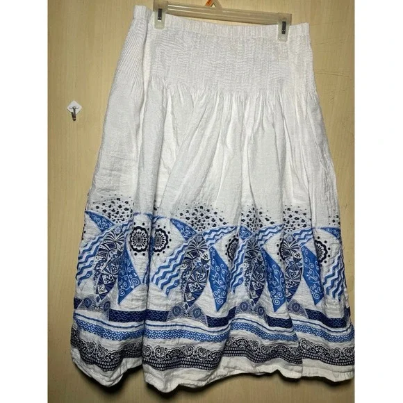 Coldwater Creek Womens White Blue Smocked Waist Cotton Border Print Midi Skirt S - Picture 2 of 5